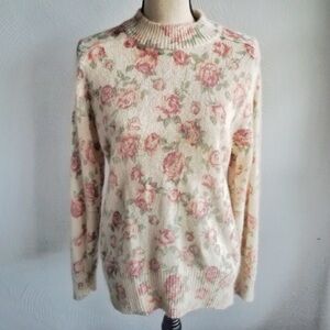 Vintage Silk Angora Wool Rose Printed Premier Moda Sweater Cozy Cottage Granny